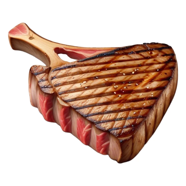 Cinematic thick-cut t-bone steak, perfectly seared with grill marks, a grilled center, rich and savory, warm glow, sizzling and mouthwatering, highly detailed and appetizing. sticker