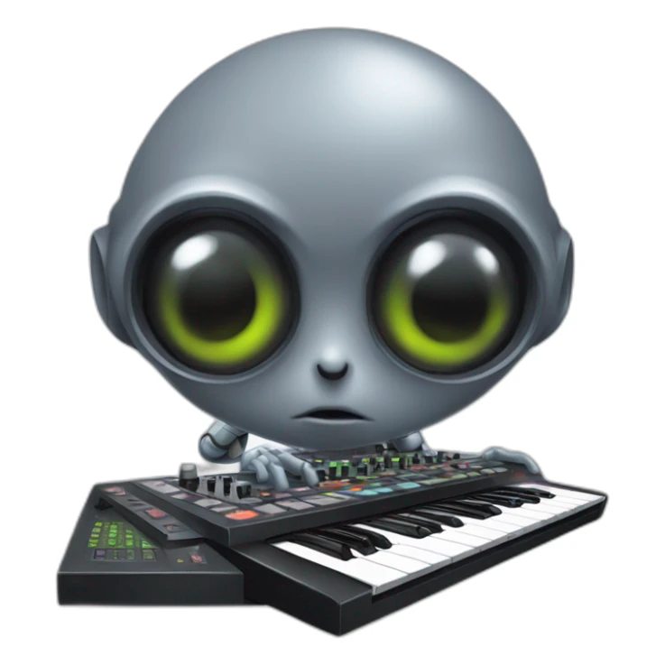 A grey Big eyed Alien playing an AKAI MPC XL sticker