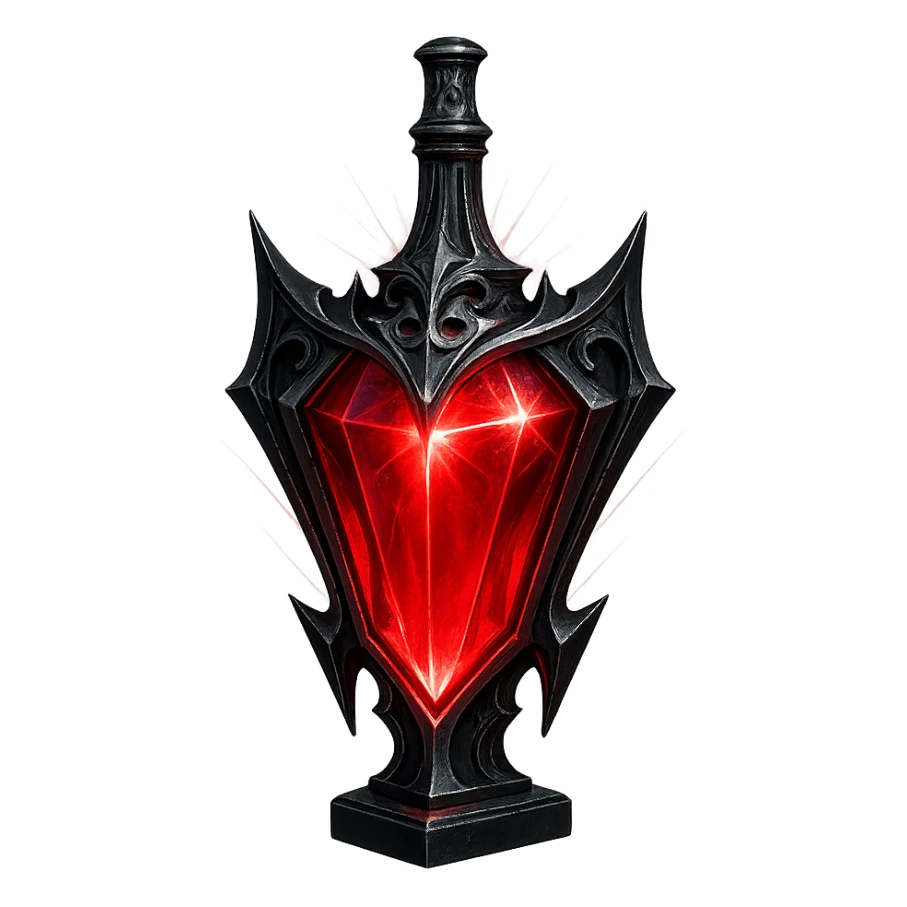 modernus prabangus eliksyro buteliukas, vampyriškas, gotikinis, tamsiai raudonas, juodi ir sidabriniai ornamentai, itin aštrūs briaunoti paviršiai, maksimaliai stiprūs magiški švytėjimai ir efektai, labai mažas kaklelis, skaidrus fonas, vientisas dugnas, be šešėlio, plūduriuoja ore, kolekcijos stilius sticker