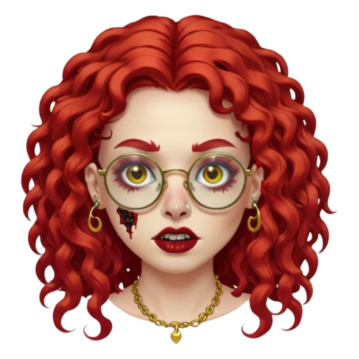 nonchalant zombie with long red curly hair, thick lashes, black square glasses, gold nose piercings on each side of her nose, and a gold eyebrow piercing. sticker