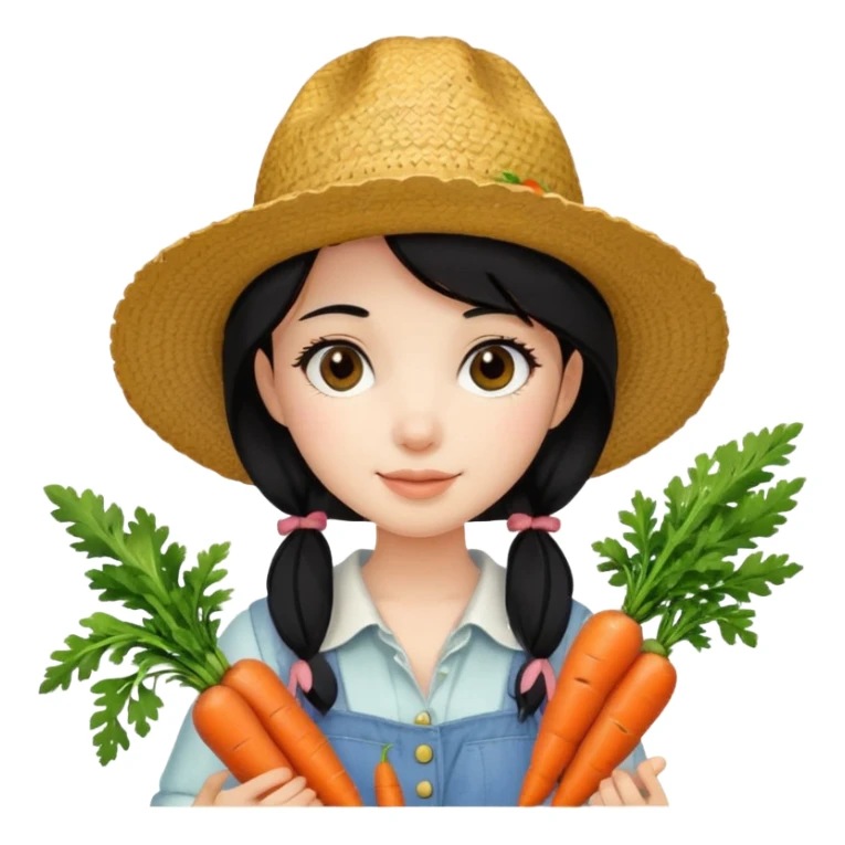 girl with black hair, straw hat, holding carrots sticker