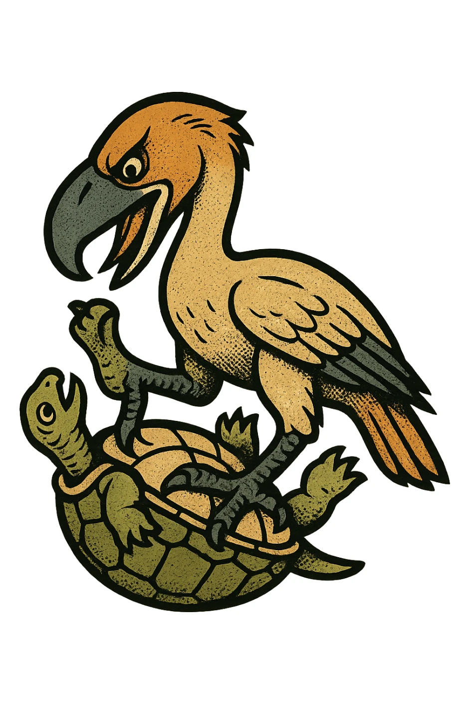 an insignia for a flag: a strange foreign alien bird creature, resembling a prehistoric phorusrhacos, gripping a upside-down tortoise [on its back] with a claw with its' beak tearing down into it
 sticker