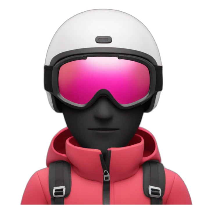 Red ski outfit with black mask and ski goggles, man with pink skin sticker