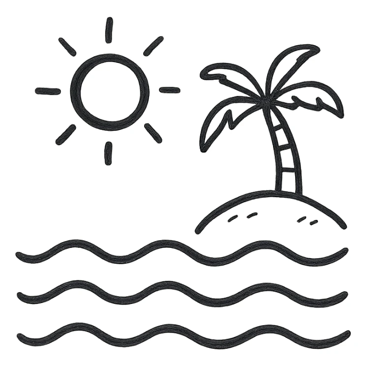 a hand drawn black outline of a beach with sun and waves sticker