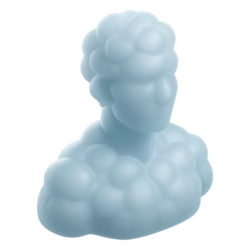 person looking straight, fully made of white fluffy convex clouds, shoulder up, matte glass style sticker