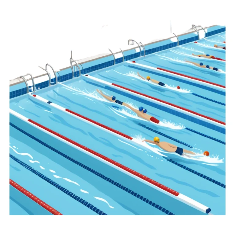 An icon featuring an Olympic swimming pool with multiple lanes and swimmers racing side by side. Splashes and lane dividers highlight the competition atmosphere. Transparent background emphasizes the energy, speed, and intensity of professional swimming events. sticker