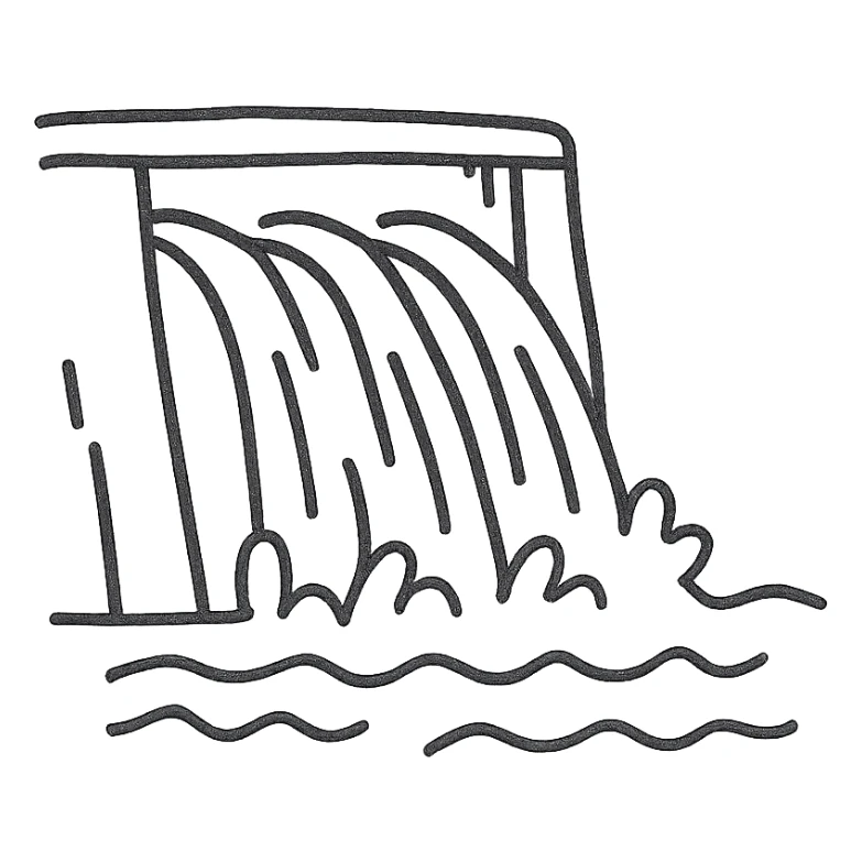 hand drawn outlined dam with water flowing icon sticker