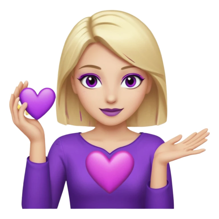 twitch emote, kinda chibi style. blonde hair: long, straight, no bangs. gray eyes. an eyebrow with a slit. purple eyeshadow/eyeliner with gold eyeshadow. only face and arms, hands visible. happy, holding a purple heart. white background. sticker