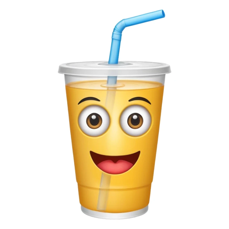 drink in a plastic cup and straw, the cup has eyes and mouth sticker