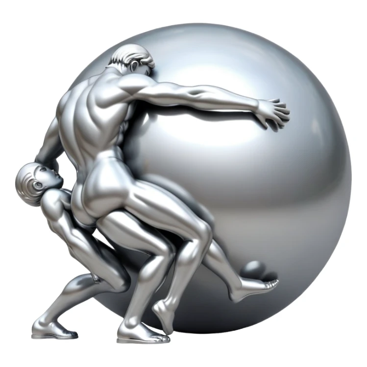 sorayama Sisyphus pushing up big sphere on his back sculpture sticker