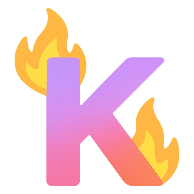 colorful letter 'K' with cartoon-style flames licking the edges sticker