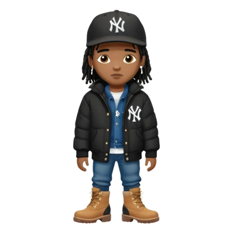 African American boy with short black dreadlocks wearing a black New York Yankees logo baseball cap wearing a black bubble winter coat wearing denim skinny jeans and timberland boots sticker