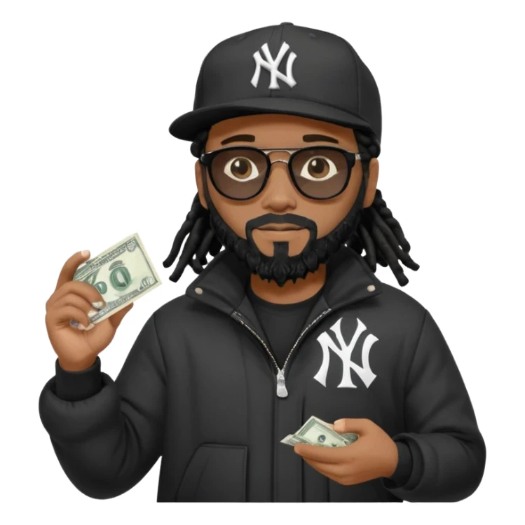 African American man with shoulder length black dreadlocks with black beard wearing black sunglasses wearing a black New York Yankees logo baseball Cap wearing a black bubble winter coat spreading money across his arm sticker