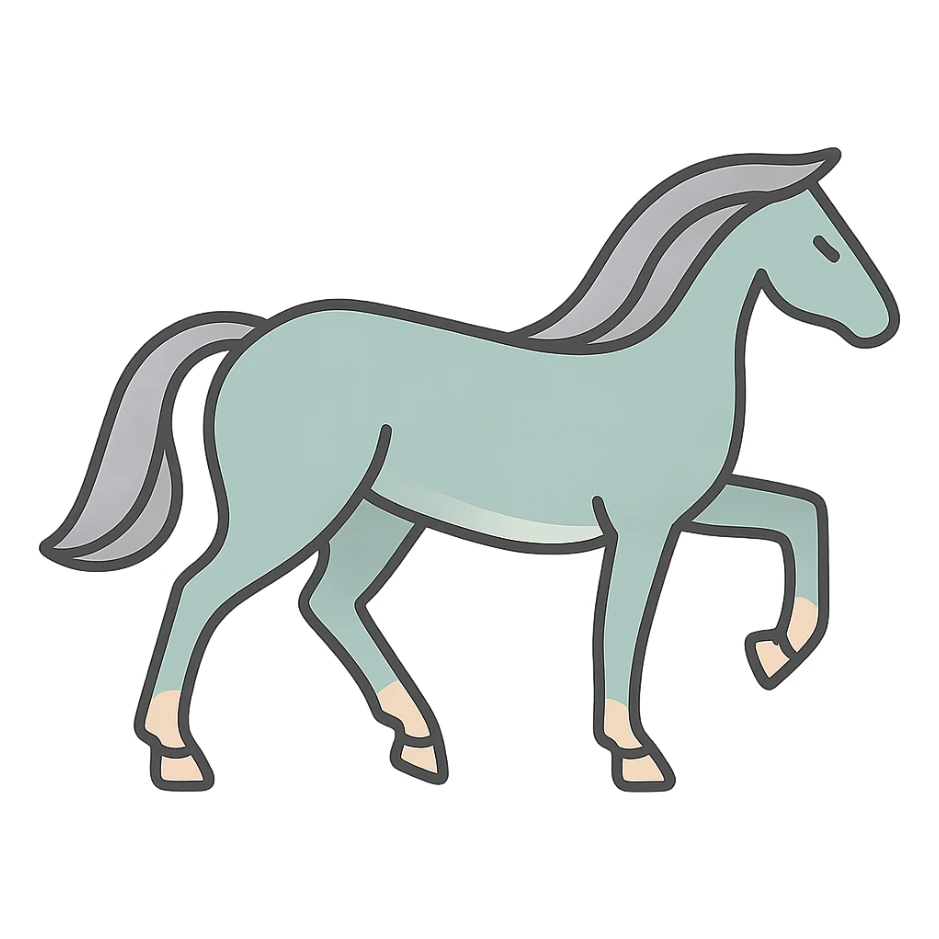 A horse in Chinese eastern style with a pose like the reference (one leg not yet touching the ground), thin clean contours, soft rounded shapes, pastel palette #98B5BC, #B5B3C1, #C9A3C9, #E4C0CA, #F7DCD1, #F7C0AA, detailed shadows and highlights, soft lighting, transparent background, less cute, no decorative elements. sticker