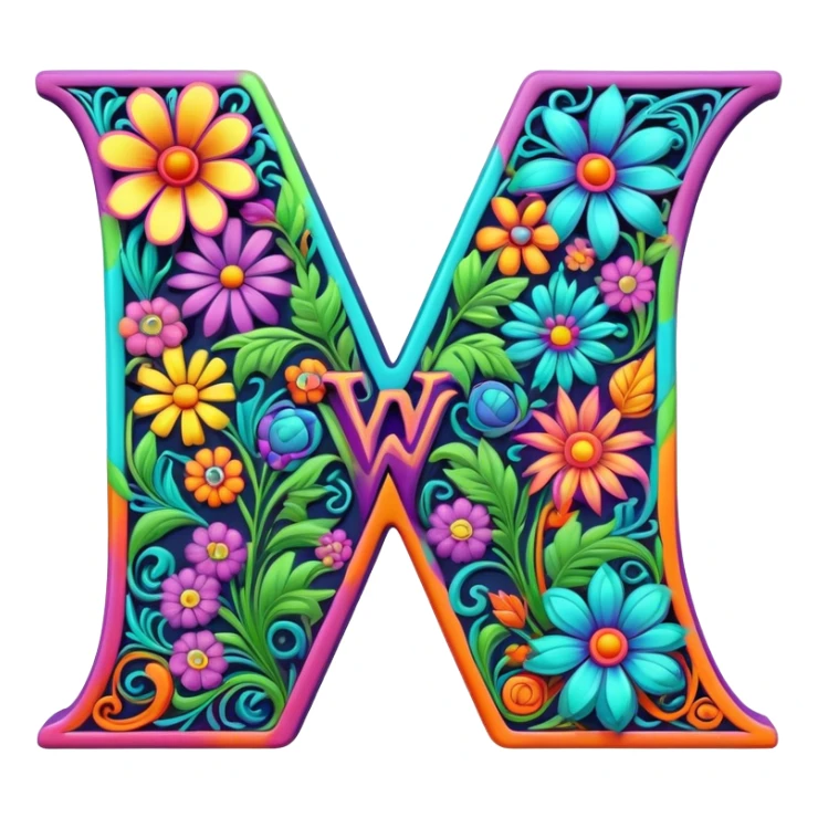 3D, gothic style psychedelic colored Letter V with hippie style flower border sticker