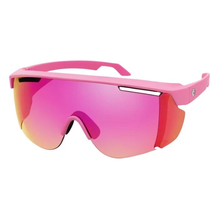 sporty pink shield visor sunglasses with thick frame and extended side shields, maximum coverage chunky design, massive build, one-piece wraparound lens sticker