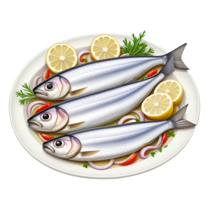 Cinematic Realistic Herring Dish Emoji, showcasing a traditional preparation of fresh herring with onions rendered with lifelike detail and cool, crisp lighting. sticker