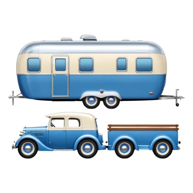 hot rod caravan,1935, pulling a large matching trailer, blue and pearl  sticker
