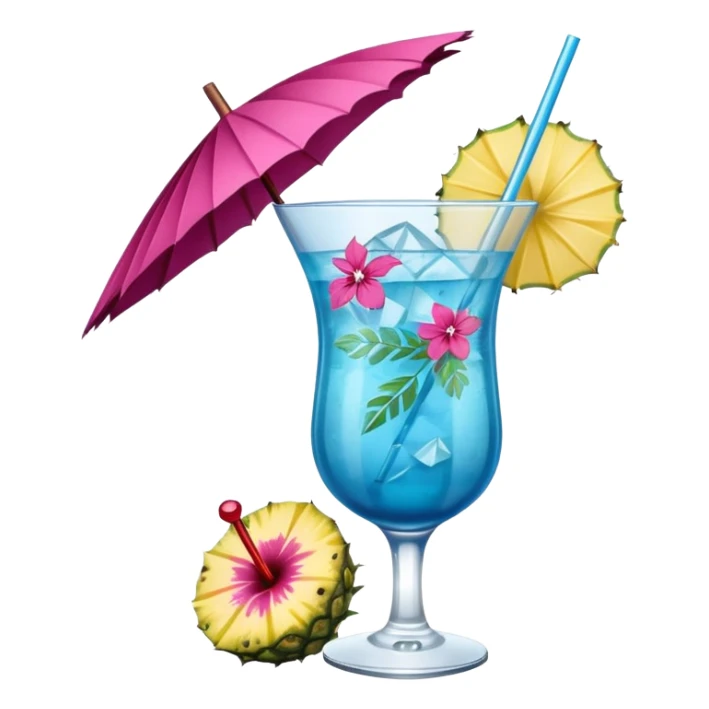 vibrant tropical fruity blue cocktail with hibiscus, pineapple slice, and paper umbrella garnish sticker