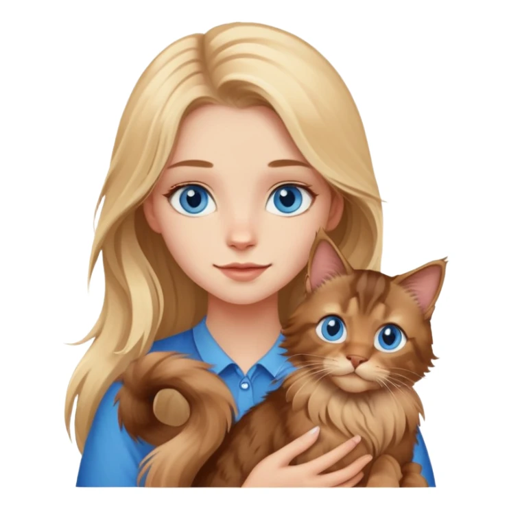 Blonde girl blue eyes holding a brown Maine coon cat sticker