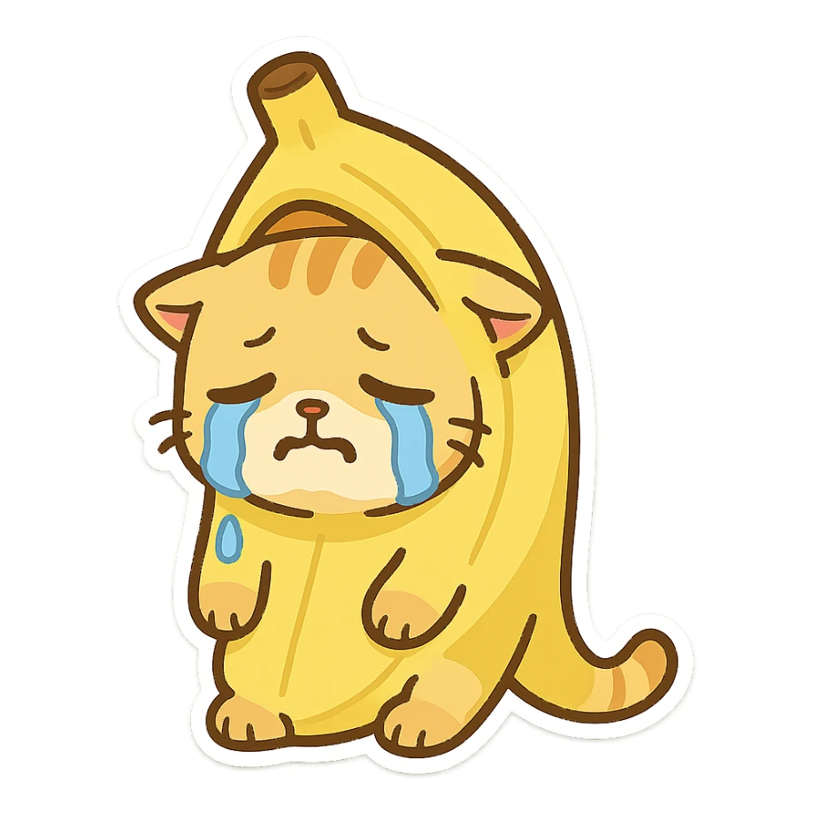 Cat meme, a little yellow cat wearing a banana suit, weak and helpless, crying sticker