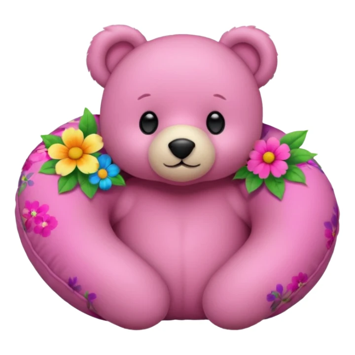 pink teddy bear, floral neck pillow with bright flowers sticker