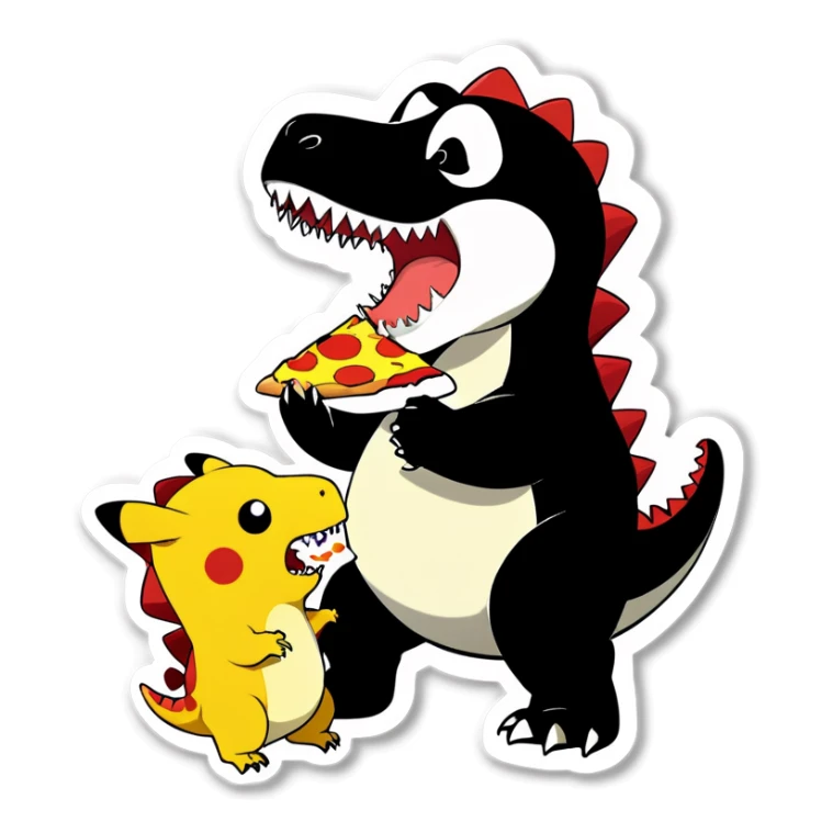 T-Rex eating pizza with Pikachu add a panda and panda ￼ sticker