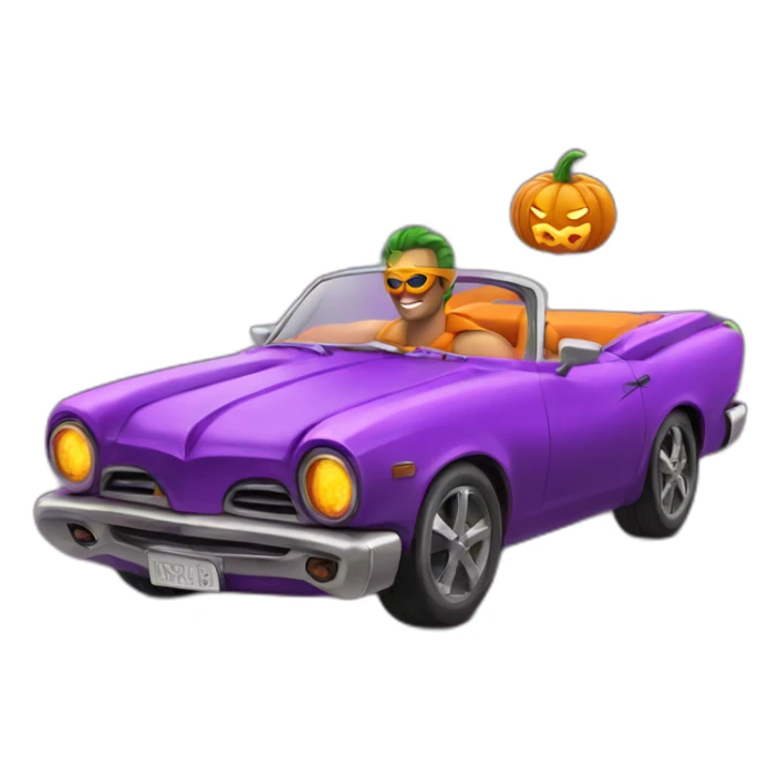 pumpkin superhero in a convertible with purple flames sticker