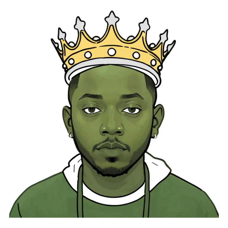Kendrick Lamar as a king in peepo style, wearing a crown, cheerful expression, simple and cute emoji look sticker