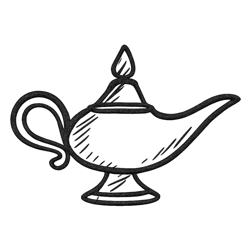 A magic lamp as a hand-drawn icon with black outlines and no fill sticker