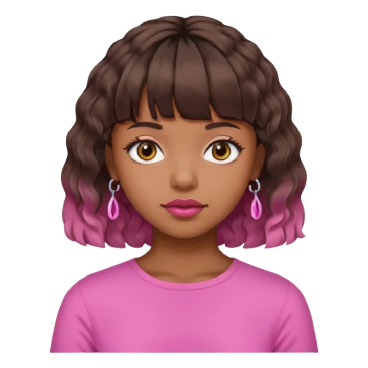 Chica morena con pelo ondulado y corto, con flequillo y piercing en el labio, top rosa  sticker