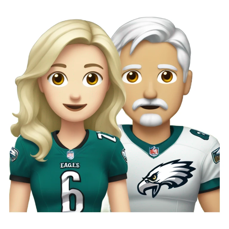 Blonde white girl, grey haired boy with a mustache wearing eagles jerseys  sticker