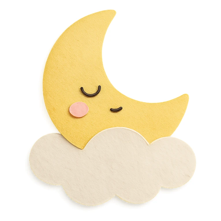 kawaii sleepy yellow moon resting on a white cloud pillow, no arms, no legs, full body, soft pastel colors, kawaii paper craft style sticker