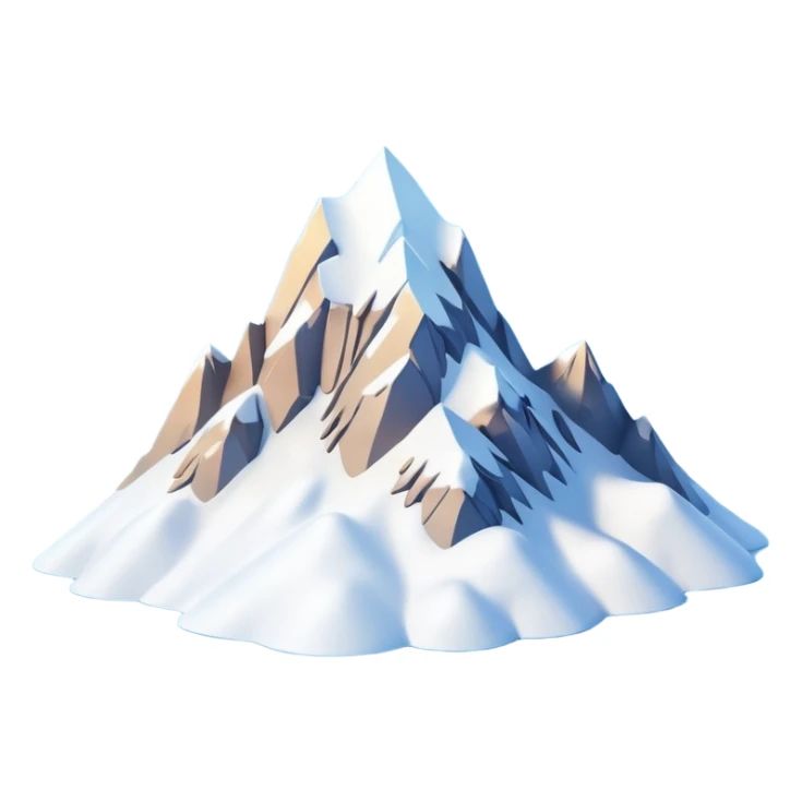 A 3D cartoon snow-covered mountain peak with soft clouds around it, clear blue sky, bright sunlight, smooth textures, Memoji-style rendering. sticker