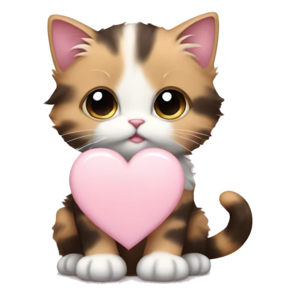 calico fluffy fat kitten with pale pink bow holding a pale pink heart sticker