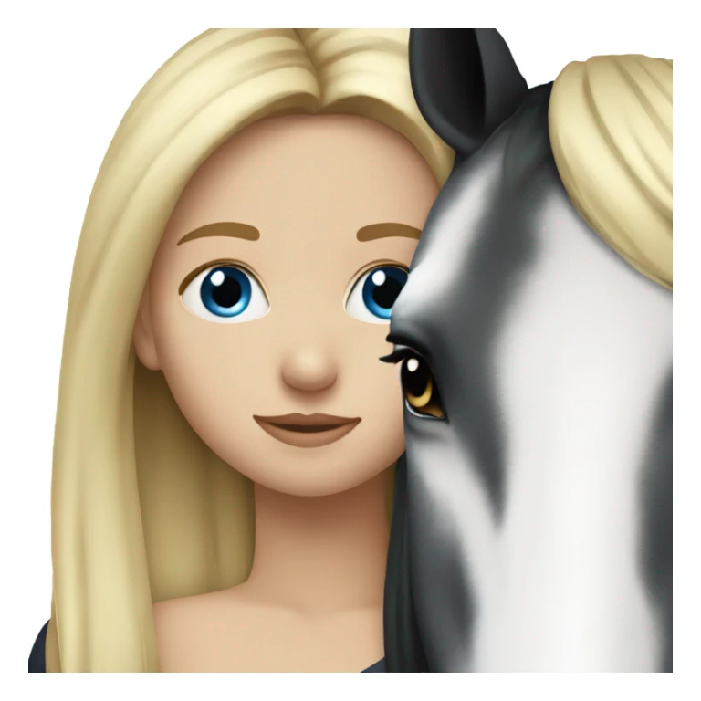 blonde girl with blue eyes hugging a black and white horse sticker