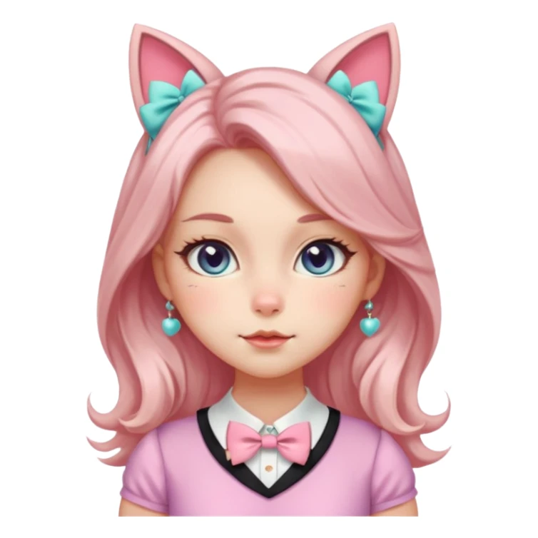 Gorgeous shiny smooth soft pretty aesthetic elegant beautiful gorgeous cute kawaii pastel anime style lady with blushing cheeks, cat ears, long beautiful Lucious stylish hair, big pretty eyes, cute colorful pastel dress and skirt and bow ties, and necklace sticker