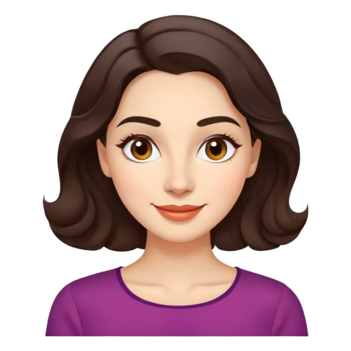 Warm enthusiastic woman with light skin, oval face, soft defined features, large expressive brown eyes, medium arched eyebrows, small nose, medium lips with relaxed smile, long wavy dark brown hair styled simply, wearing a soft vibrant colored elegant blouse sticker