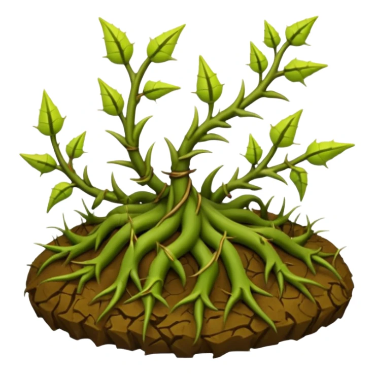 green vines with thorns sprouting from the ground, 3D, extremely detailed, earthy color palette, yellow green and brown tones, filigree inspired sticker