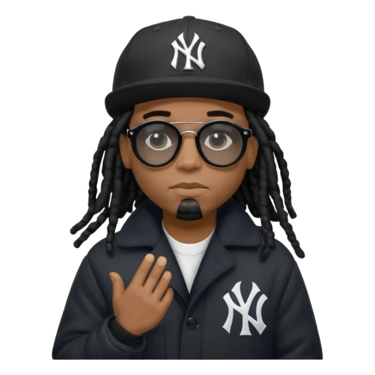 African American man with shoulder length black dreadlocks wearing black sunglasses with black bubble winter coat wearing a New York Yankees baseball hat with hands thinking on face sticker