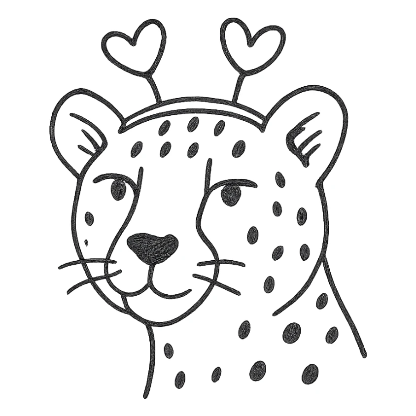 cheetah with heart headband, hand-drawn outlined icon sticker