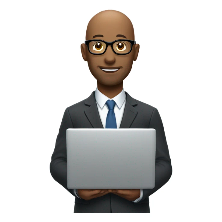 Bald man with glasses wearing a suit and holding a laptop sticker