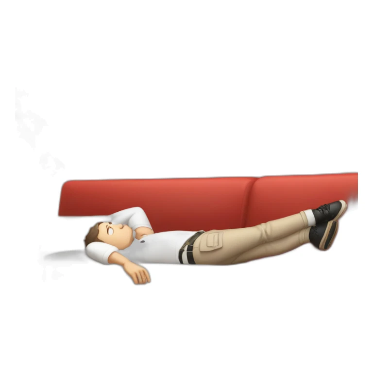 tim robinson very tired laying down on a red couch in a long sleeve white polo shirt, chest up clean shaven, laying flat across couch, arms at side sticker