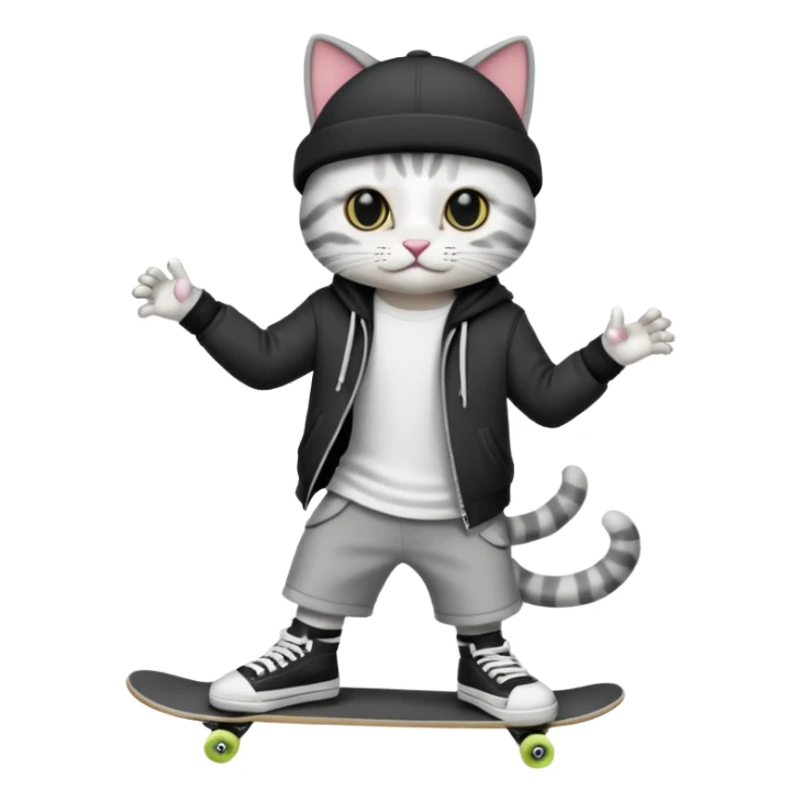 Create a black-and-white boy cat in skater boy clothes sticker