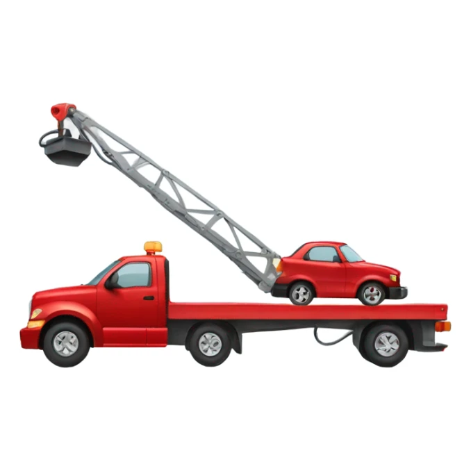 Red flatbed tow truck towing a car sticker