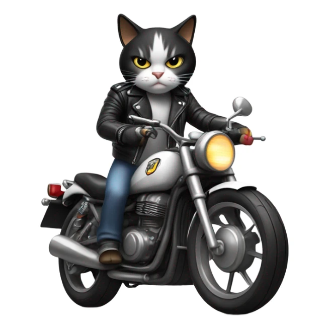 Angry, black and white cat wearing a leather jacket on a motorcycle sticker