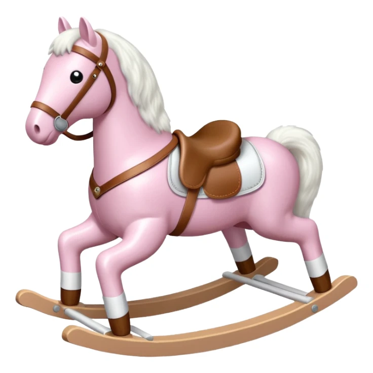 Light pink rocking horse toy for kids with a white saddle and white legs sticker