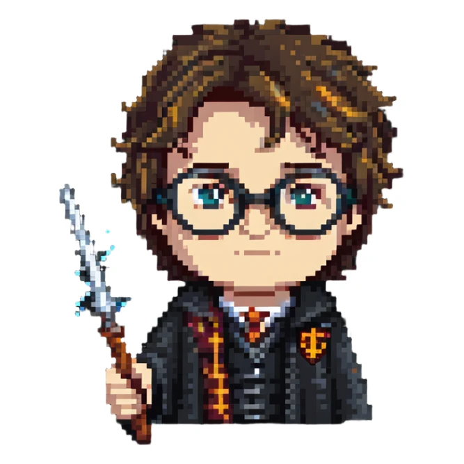 Harry Potter with glasses, lightning scar, and wand sticker