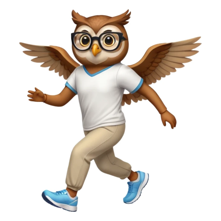 friendly anthropomorphised owl with visible wings, in pants and a shirt, wearing glasses, jogging upright, relaxed pose sticker