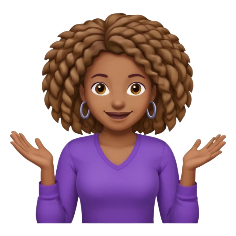 black woman with locks shrugging-smiling with purple shirt sticker